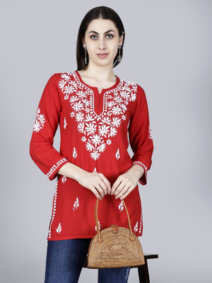 JUGNU TEXTILES Women Chikan Embroidery Straight Kurta(Red)