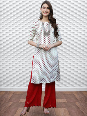 EthnicBasket Women Floral Print A-line Kurta(White)