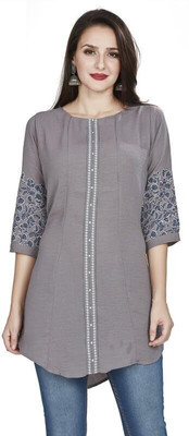 Nioni Women Floral Print A-line Kurta(Grey)