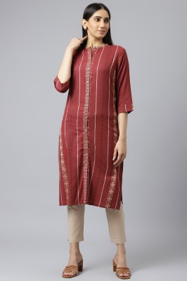 W Women Geometric Print Straight Kurta(Maroon, Black, Gold)