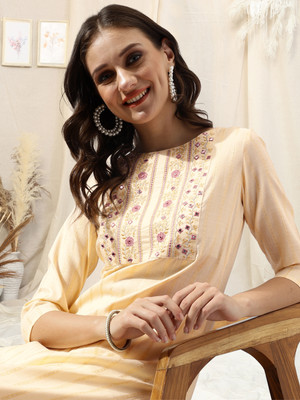 MIRCHI FASHION Women Embroidered Straight Kurta(Beige)