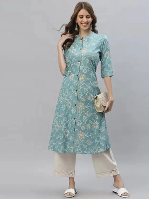 HEARTLOOM Women Floral Print Straight Kurta(Blue)