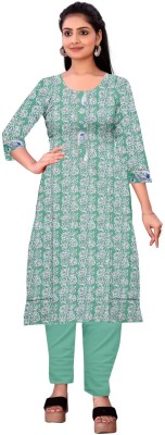 shree stich Women Floral Print Straight Kurta(Pink, Green)