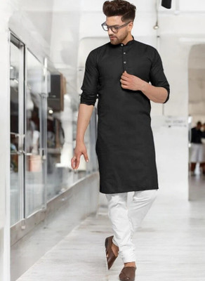 HouseOfCommon Men Solid Straight Kurta(Black)