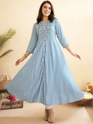 ANOUK Women Embroidered A-line Kurta(Blue)