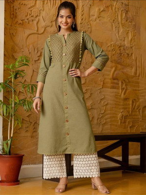 PP PRODUCTIONS Women Washed A-line Kurta(Green)