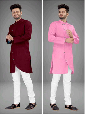 CRYSTALREVENUE Men Solid Trail Cut Kurta(Multicolor)