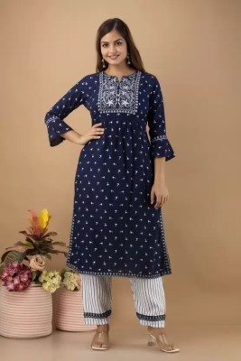 PRAVIK Women Embroidered Ethnic Dress Kurta(Dark Blue, White)