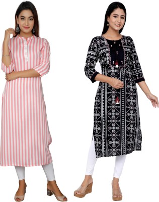 Kundan Women Printed Straight Kurta(Pink, Black)