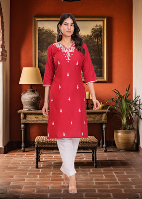 RR SA KURTIS Women Embroidered Straight Kurta(Maroon)