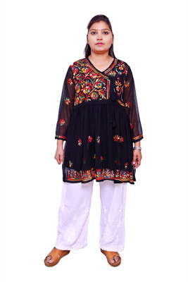 Ah cration Women Chikan Embroidery A-line Kurta(Black)