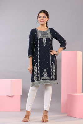 Juniper Women Printed Straight Kurta(Blue)
