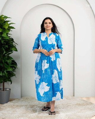 GIRYA Women Floral Print, Printed Anarkali Kurta(Blue)