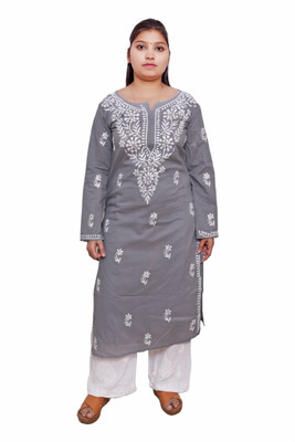 Ah creation Women Chikan Embroidery Ethnic Dress Kurta(Grey)