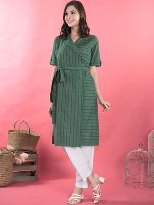 ANOUK Women Striped A-line Kurta(Green)