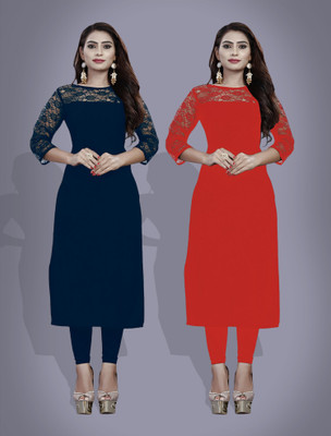 Maheshvi Women Self Design Straight Kurta(Dark Blue)