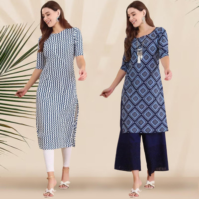 1 Stop Fashion Women Printed A-line Kurta(Blue, White)