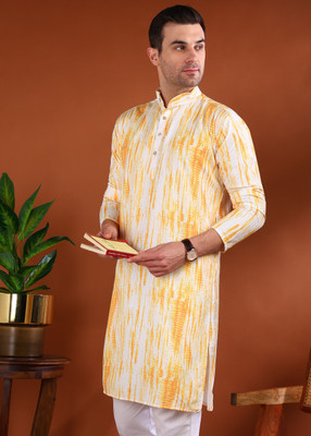 Divastri Men Printed Straight Kurta(Yellow)