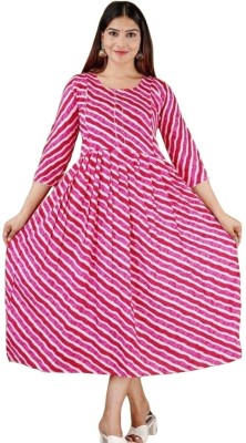 Upma Creations Women Leheriya Gown Kurta(Pink)