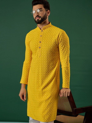 ANOUK Men Geometric Print Straight Kurta(Yellow)
