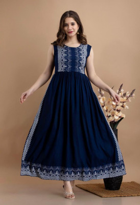 MACHLA Women Printed Flared Kurta(Blue)