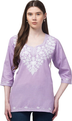 Meyara Women Embroidered Straight Kurta(Purple, White)