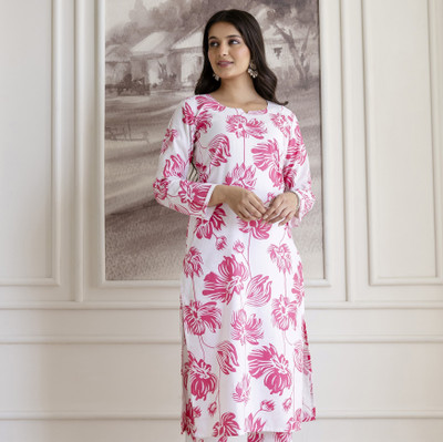 kc fashion Women Floral Print Straight Kurta(Pink, White)