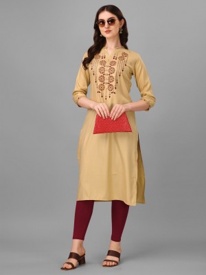 Hipipa Women Embroidered Straight Kurta(Gold)