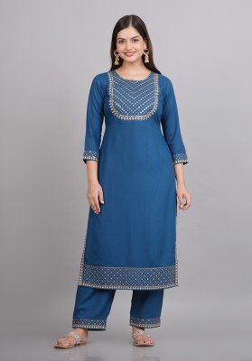 NEW4U Women Embroidered Straight Kurta(Blue, Gold)