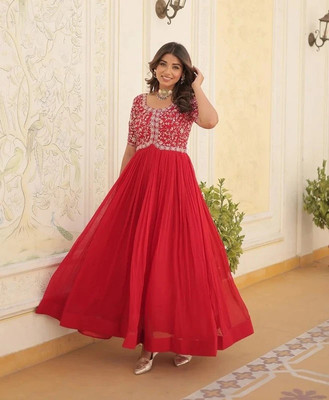 Lazzly Women Embroidered Gown Kurta(Red)