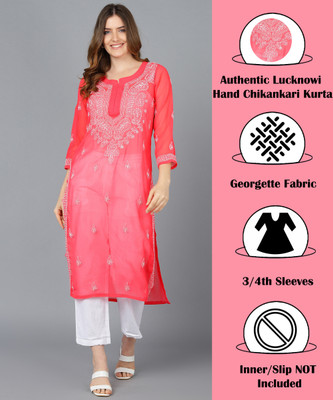 VAHSON Women Chikan Embroidery, Embroidered, Self Design A-line Kurta(Red)
