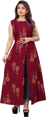 HOC's Women Printed A-line Kurta(Maroon)