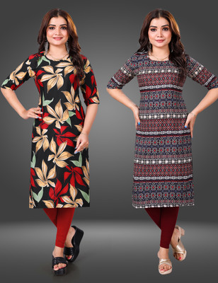MOBHISA Women Printed Straight Kurta(Red)