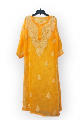 Kozy Attire Women Chikan Embroidery A-line Kurta(Yellow)