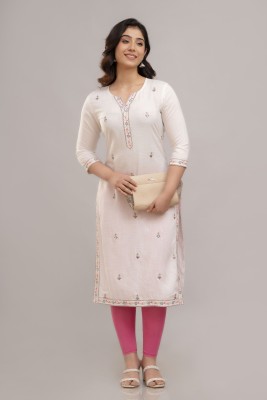 FASHION DEPTH Women Embroidered Straight Kurta(White)