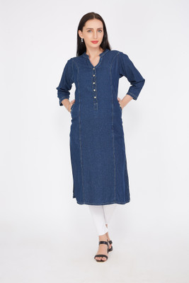 TCI Women Solid Straight Kurta(Blue)