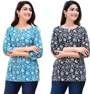 GURUFASHIONS Women Printed Straight Kurta(Blue, Black)