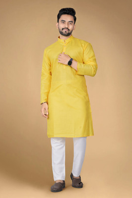 GAUMUKHI CREATION Men Solid Straight Kurta(Yellow)