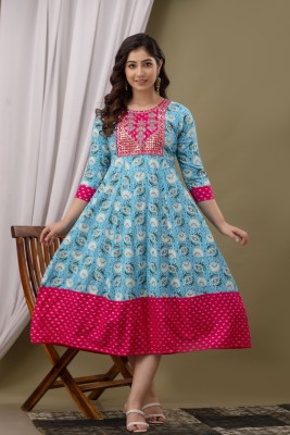 WAFERY Women Printed Anarkali Kurta(Light Blue)