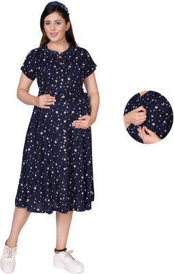 KAMEVA Women A-line Dark Blue Midi/Calf Length Dress