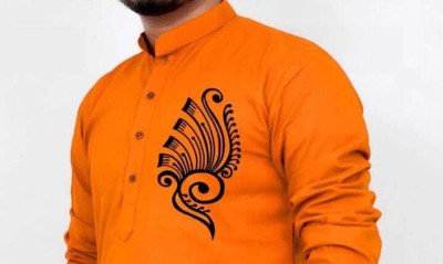 Mamata biswas Men Printed Straight Kurta(Orange)