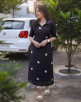 Porus Exim Women Embroidered A-line Kurta(Black)