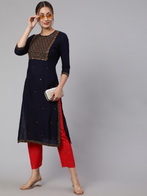 STYLE ANGEL Women Embroidered Straight Kurta(Dark Blue)