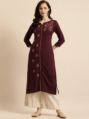 all about you Women Embroidered Straight Kurta(Maroon)