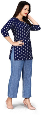 Antraa creation Women Printed Flared Kurta(Blue)
