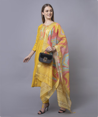 MOHAK Women Embroidered A-line Kurta(Yellow)