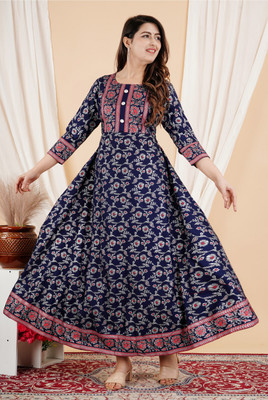 fastal look Women Printed Anarkali Kurta(Dark Blue, Red, White)