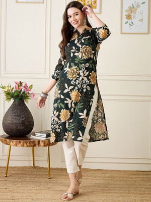 ANOUK Women Floral Print Straight Kurta(Black)