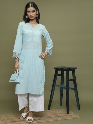 Vishudh Women Embroidered Straight Kurta(Light Blue)