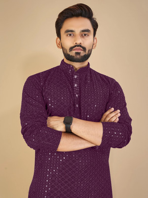 MENSKURTA Men Embellished Straight Kurta(Green)
